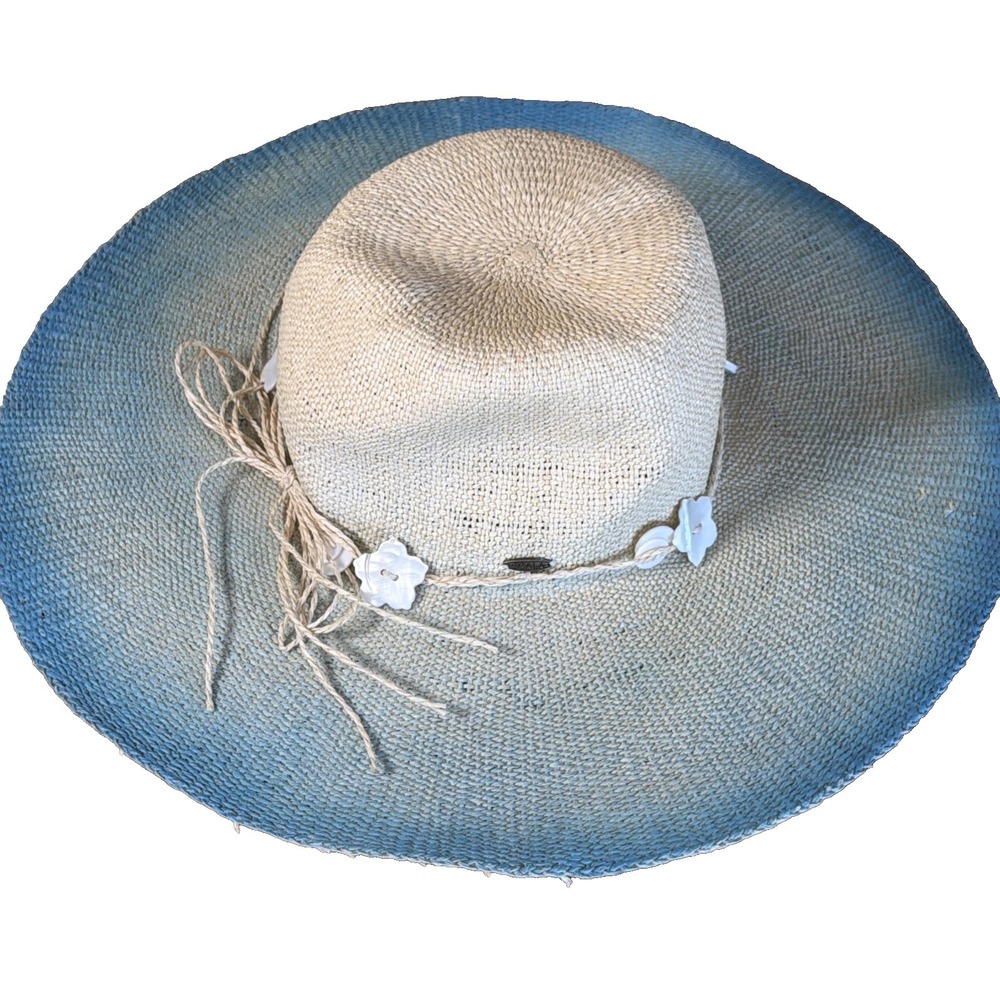 Women's Scala Collection 100% Toyo Summer Hat Beach Pool Blue /tan Beads